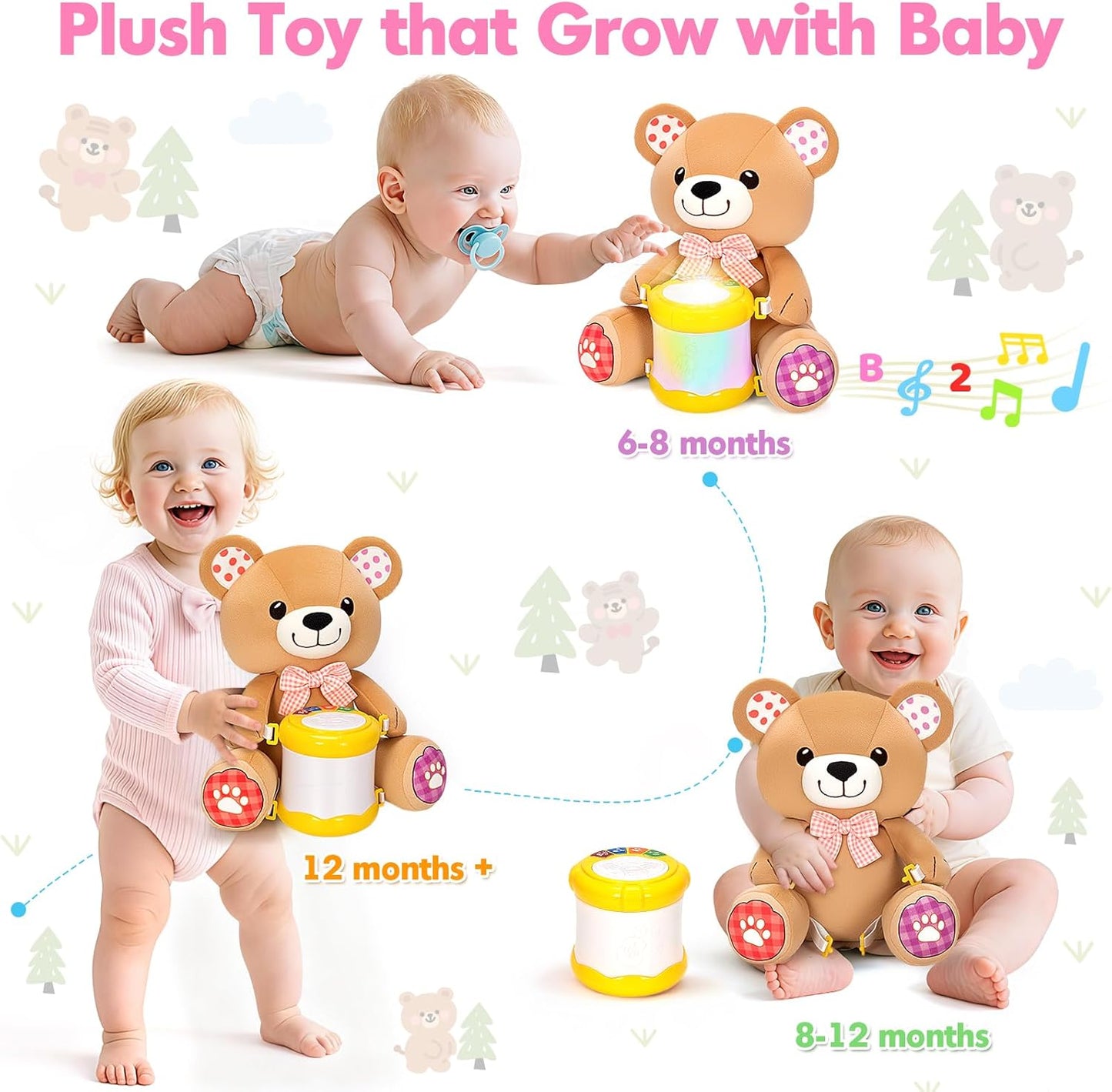 Hodurgyi Baby Toys 6-12 Months, Bear Musical Plush with Lights,ABCs,Animal Sounds, Numbers, Infant Early Learning Toy, Christmas Birthday Gifts for 6+ Month Boys &Girls