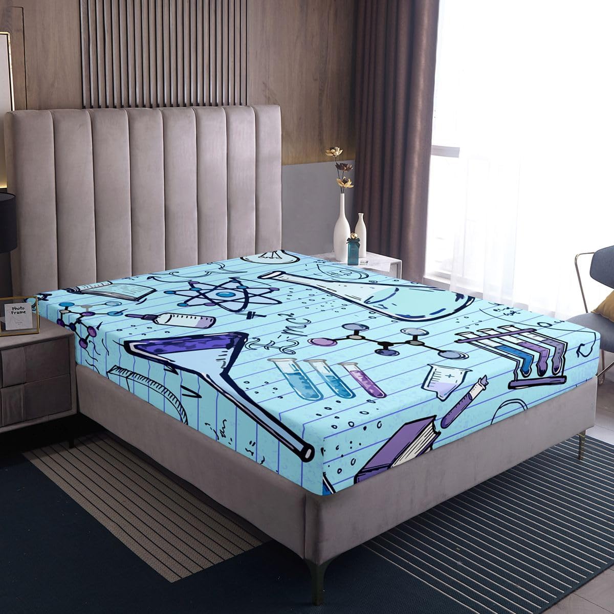 Erosebridal Chemistry Lab Fitted Sheet Twin Size Chemical Equation Bed Sheets for Boys Girls Chemical Elements Science Theme Bed Set Teens Kids Science Students Bedding Set School Dorm Room Decor