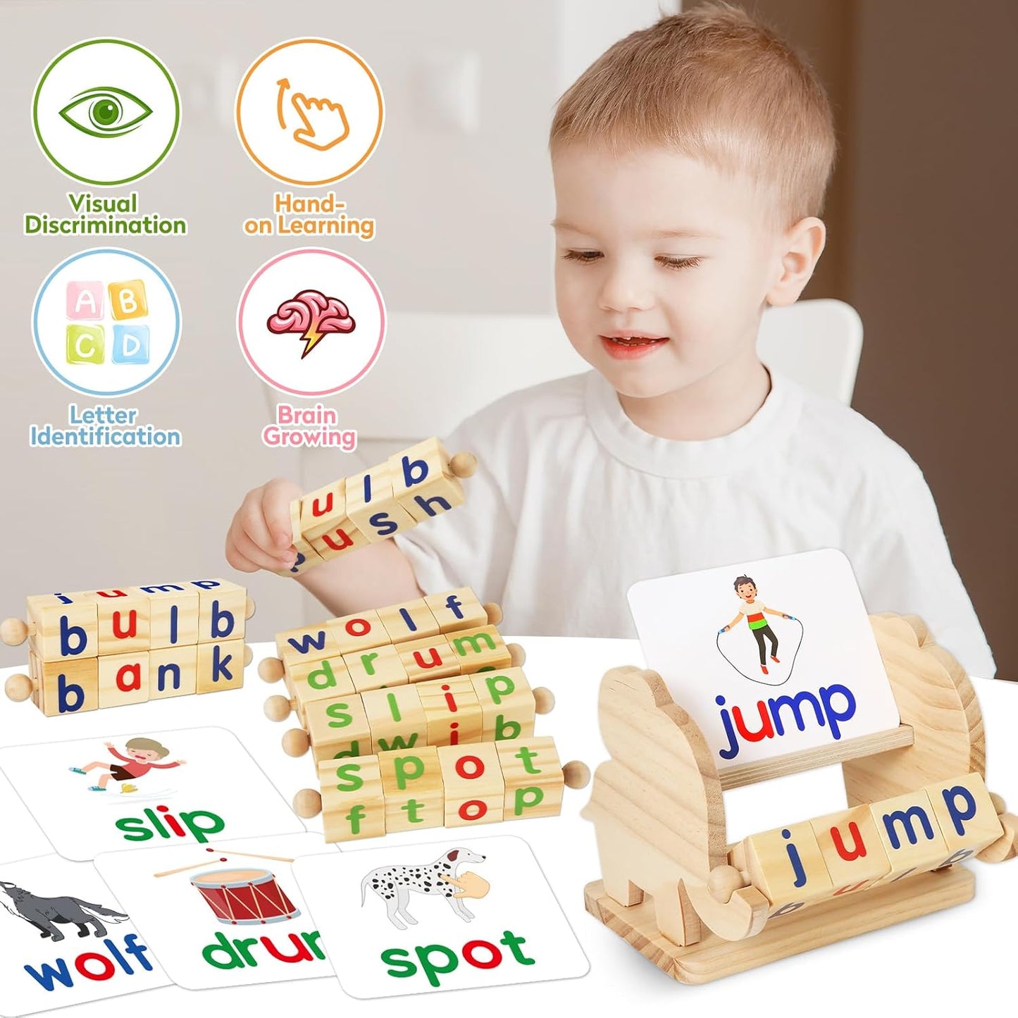 ShyLizard Montessori Learning and Educational Toys Gifts for Kids 3 4 5 Years, Wooden Reading Blocks Toys, Learning Activities for Preschool Kindergarten, Turning Rotating Matching Flash Card Games