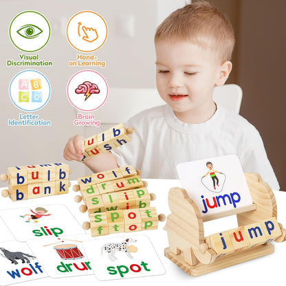 ShyLizard Montessori Learning and Educational Toys Gifts for Kids 3 4 5 Years, Wooden Reading Blocks Toys, Learning Activities for Preschool Kindergarten, Turning Rotating Matching Flash Card Games