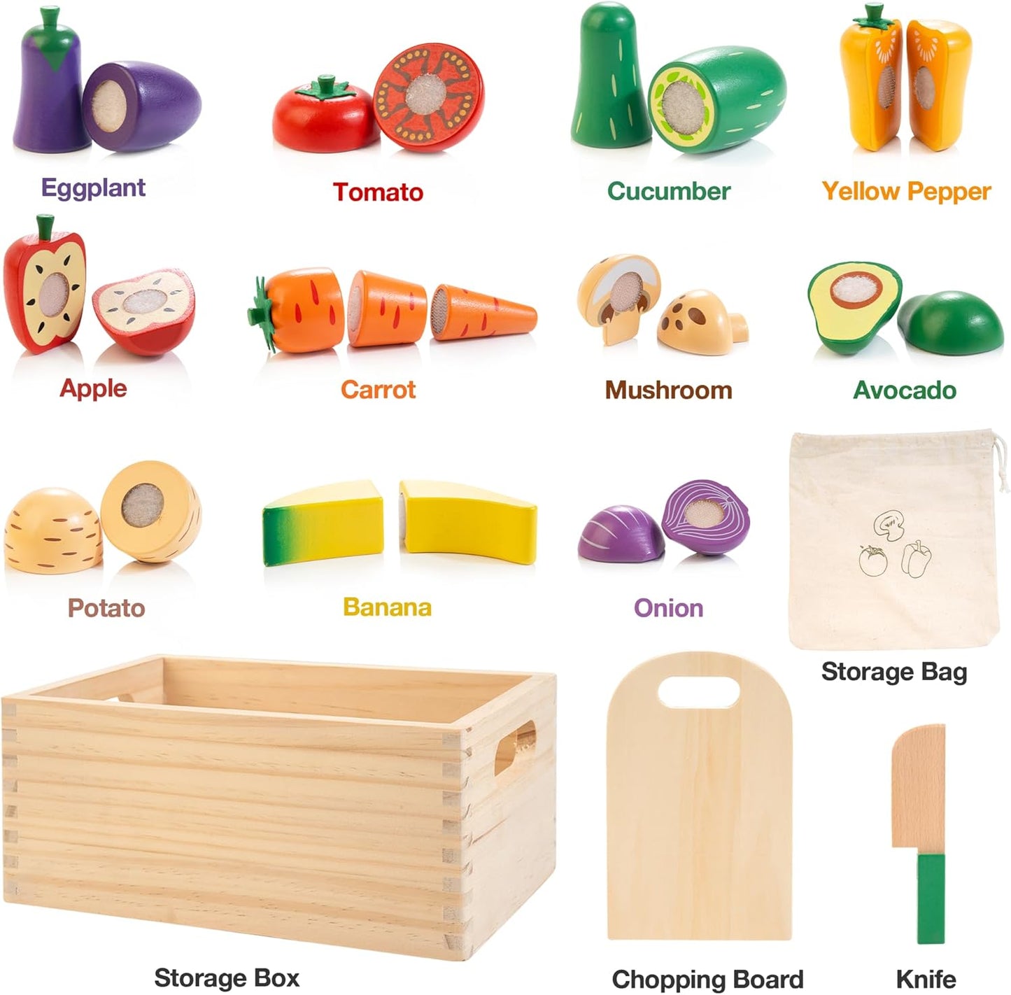 Wooden Play Food for Toddlers, Fruit and Veggies Cutting Set for Kids, Pretend Food Play Kitchen Accessories for 3 4 5 6 7 Years Old Boys & Girls