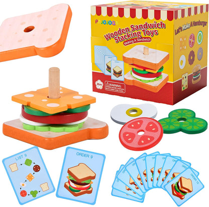 Montessori Toys for 2, 3 Year Old, Wooden Burger Sandwich Stacking Toys for Toddler Educational Toys Fine Motor Skills Foods Preschool Learning Blocks Gifts Boys Girls