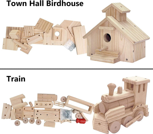 Kraftic Woodworking Building Kit for Kids and Adults, with 3 Educational DIY Carpentry Construction Wood Model Kit Toy Projects for Boys and Girls - Tow Truck, Birdhouse and Dump Truck