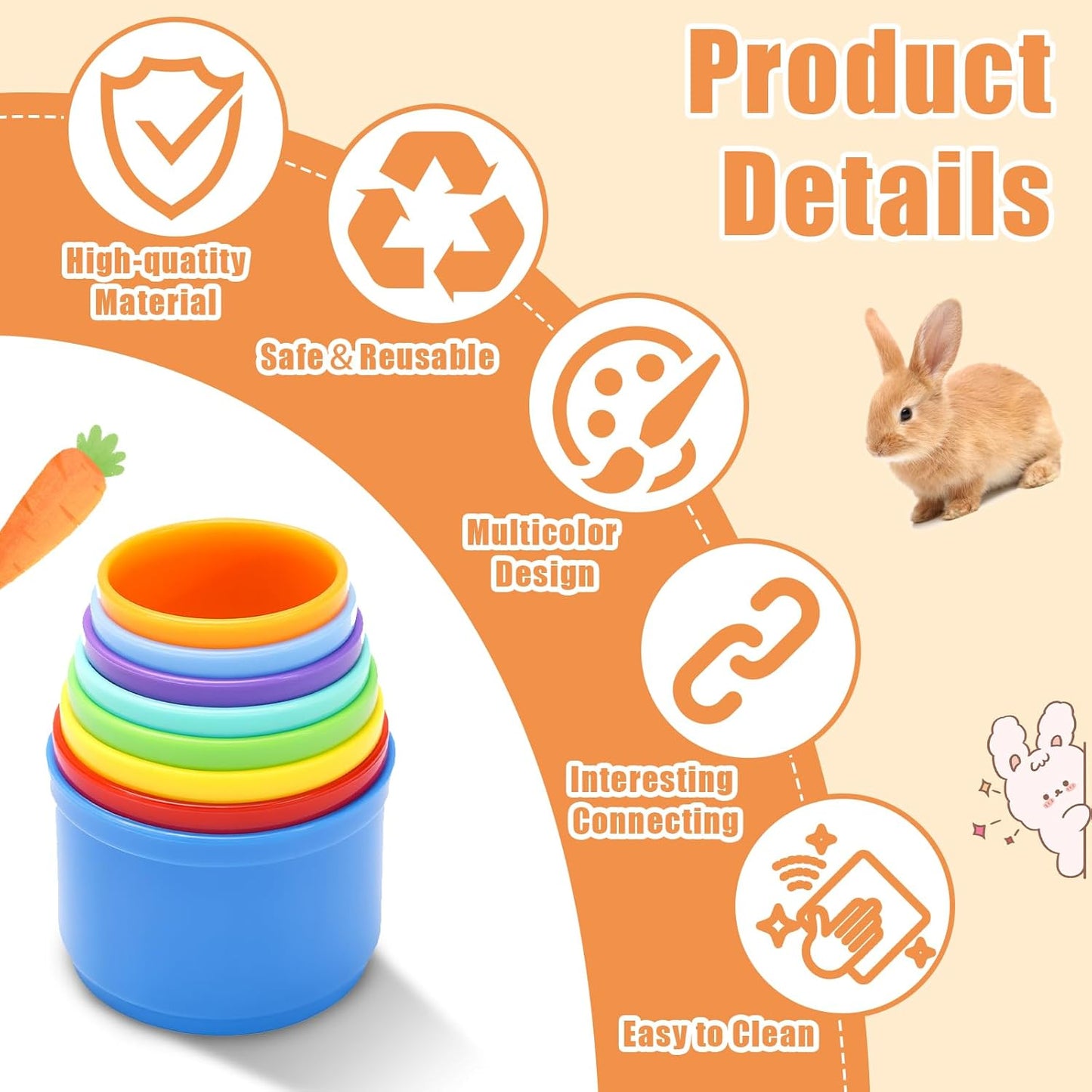 8 Pcs Stacking Cups for Rabbits,Nesting Rabbit Toys of Different Sizes,Bunny Stacking Cups for Hiding Food and Playing,Guinea Pig Stacking Cups (Pastel)