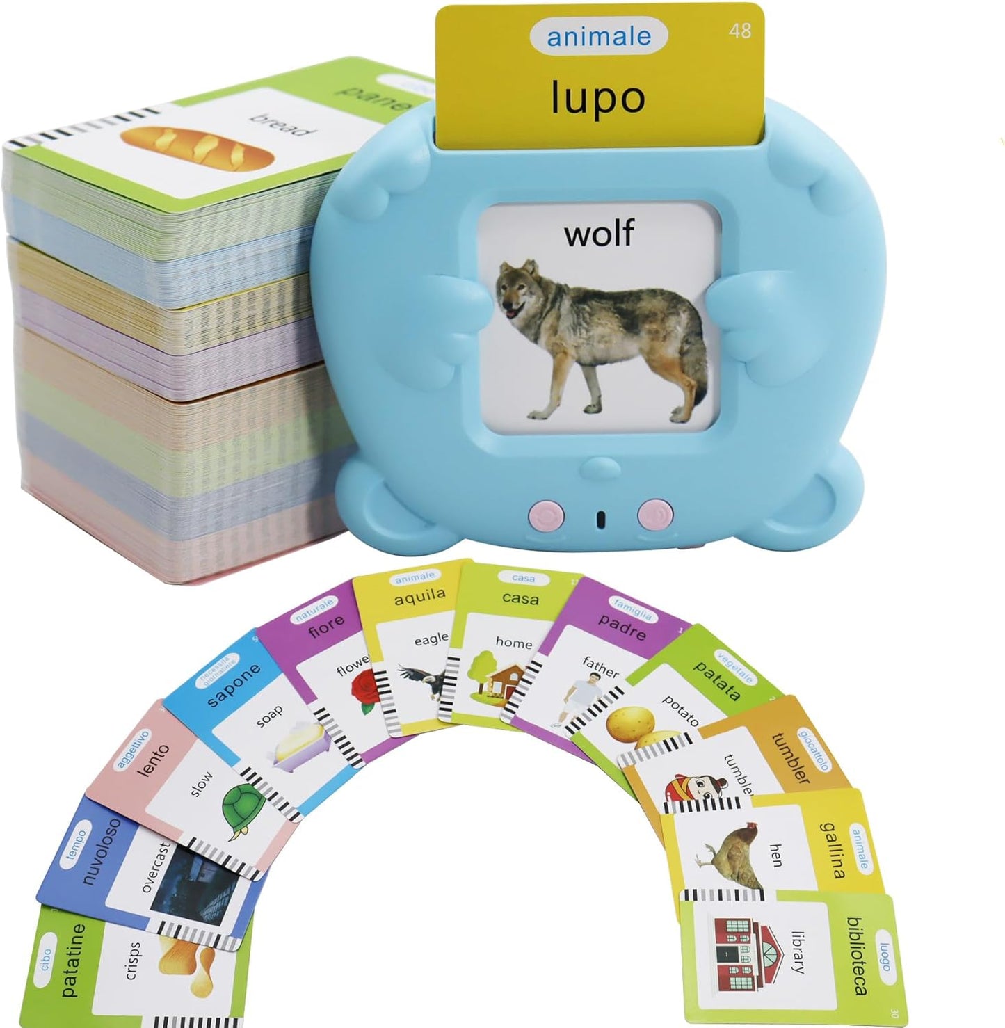 Spanish & English 510 Words Alphabet Bilingual Talking Flash Cards for 3-8 Years Toddlers, Pocket Speech Buddy Therapy Autism Toys, Educational Learning Interactive Toy for Boys Girls Kids Gifts Blue
