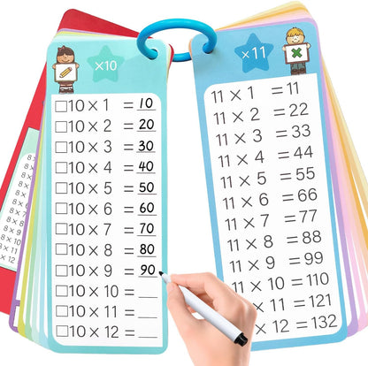 0-12 Multiplication Flash Cards, Large Educational Math, Times Table Flashcards Chart, with 15 Cards, 2 Dry Erase Markers, 1 Rings, Educational Multiplication for Classroom Home