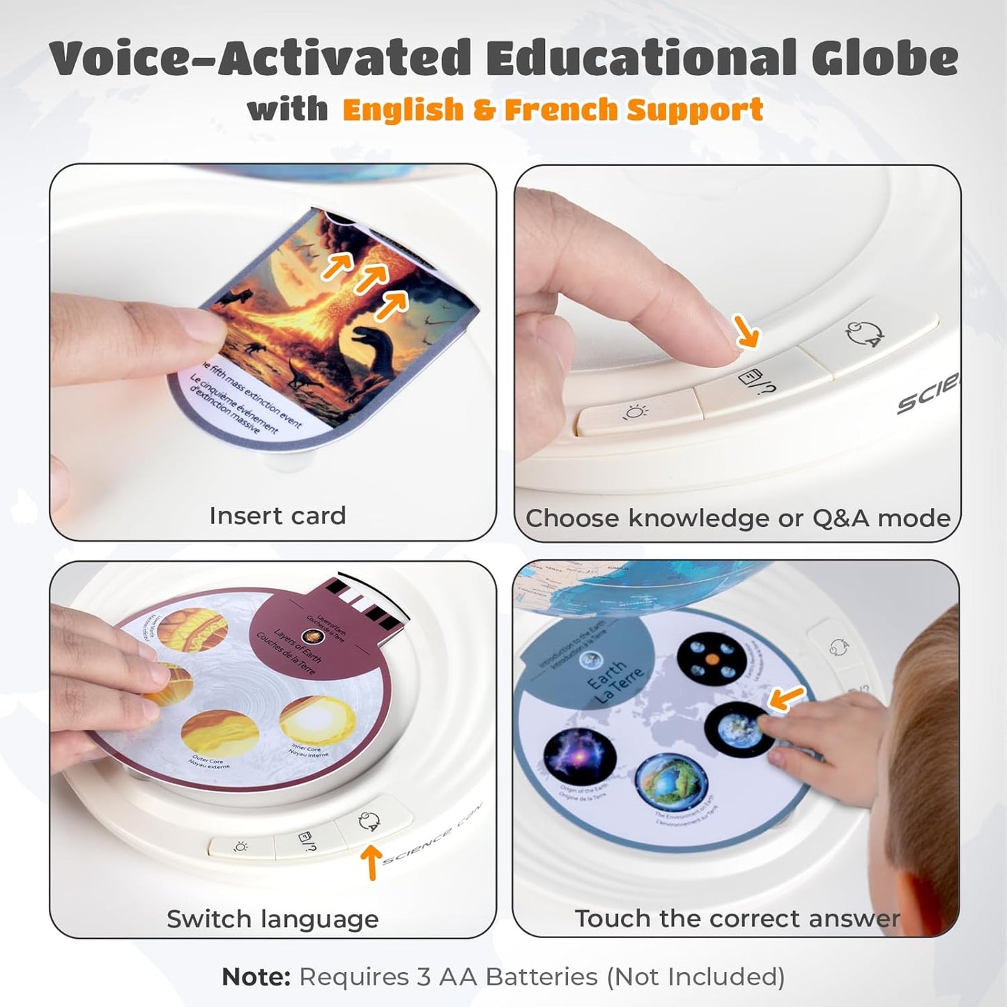8” Interactive Talking Globe for Kids Ages 4-12, Science Can Earth Globe with LED Core, Bilingual English/French Educational STEM Toy Birthday Gift