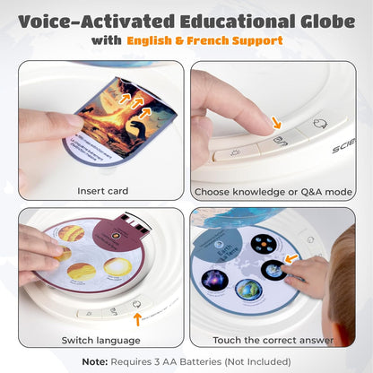 8” Interactive Talking Globe for Kids Ages 4-12, Science Can Earth Globe with LED Core, Bilingual English/French Educational STEM Toy Birthday Gift