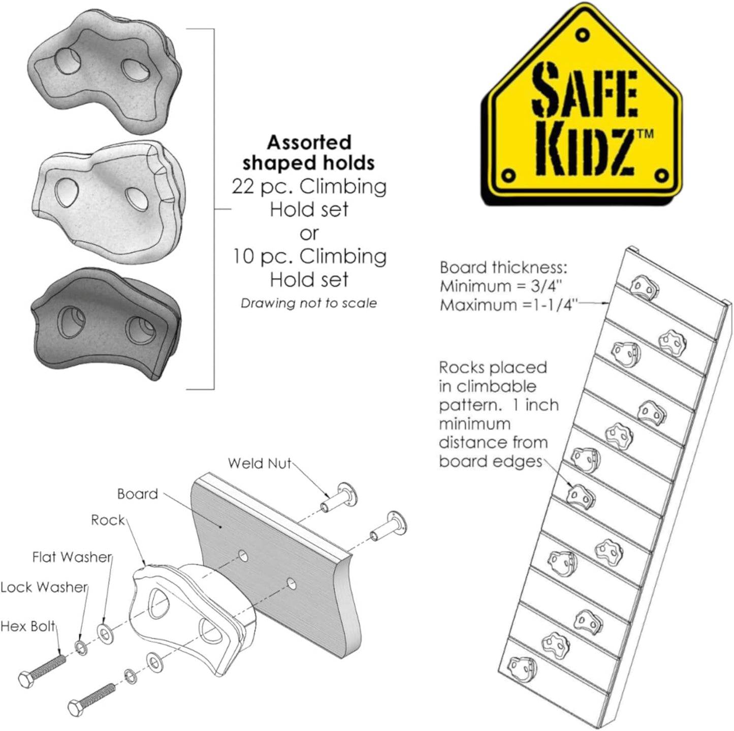 22 Assorted Deluxe Rock Climbing Holds for Kids - Outdoor Climbing Stones Kit with 44 Swing Safe Fasteners + Drill Bit Easy to Install on Lumber from 3/4" to 1.25" Thick