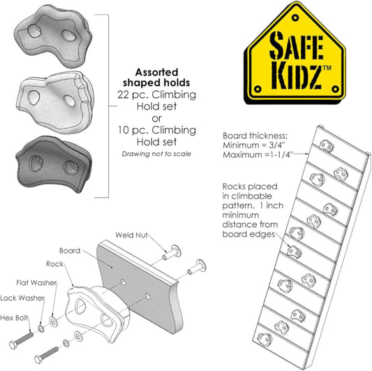 22 Assorted Deluxe Rock Climbing Holds for Kids - Outdoor Climbing Stones Kit with 44 Swing Safe Fasteners + Drill Bit Easy to Install on Lumber from 3/4" to 1.25" Thick