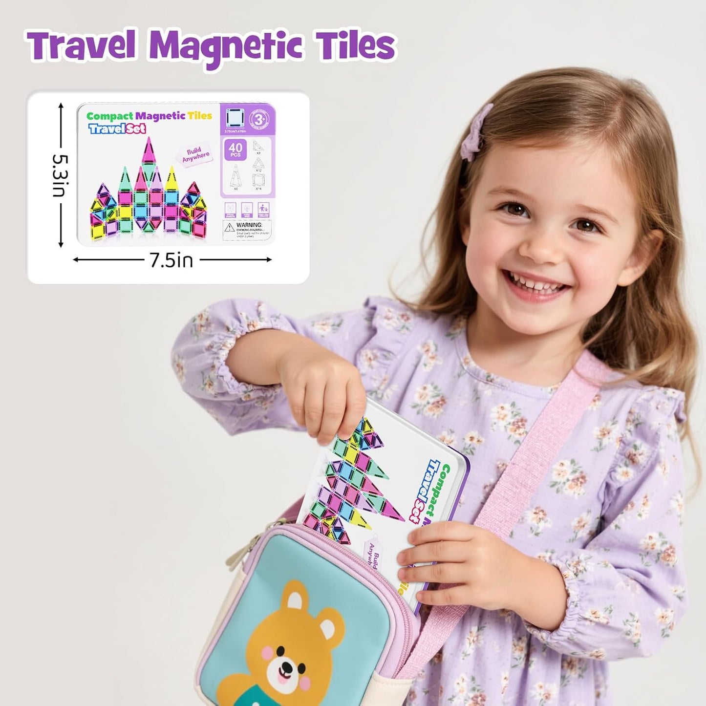 Mini Magnetic Tiles 40PCS Travel Set with Iron Storage Box, Portable STEM Building Blocks for Kids 3-8, Montessori Educational Magnet Toys for Road Trip, Airplane, Car Rides & On-The-Go Play