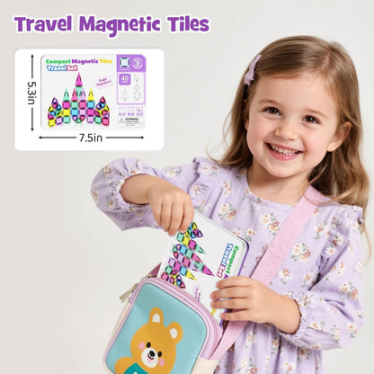 Mini Magnetic Tiles 40PCS Travel Set with Iron Storage Box, Portable STEM Building Blocks for Kids 3-8, Montessori Educational Magnet Toys for Road Trip, Airplane, Car Rides & On-The-Go Play
