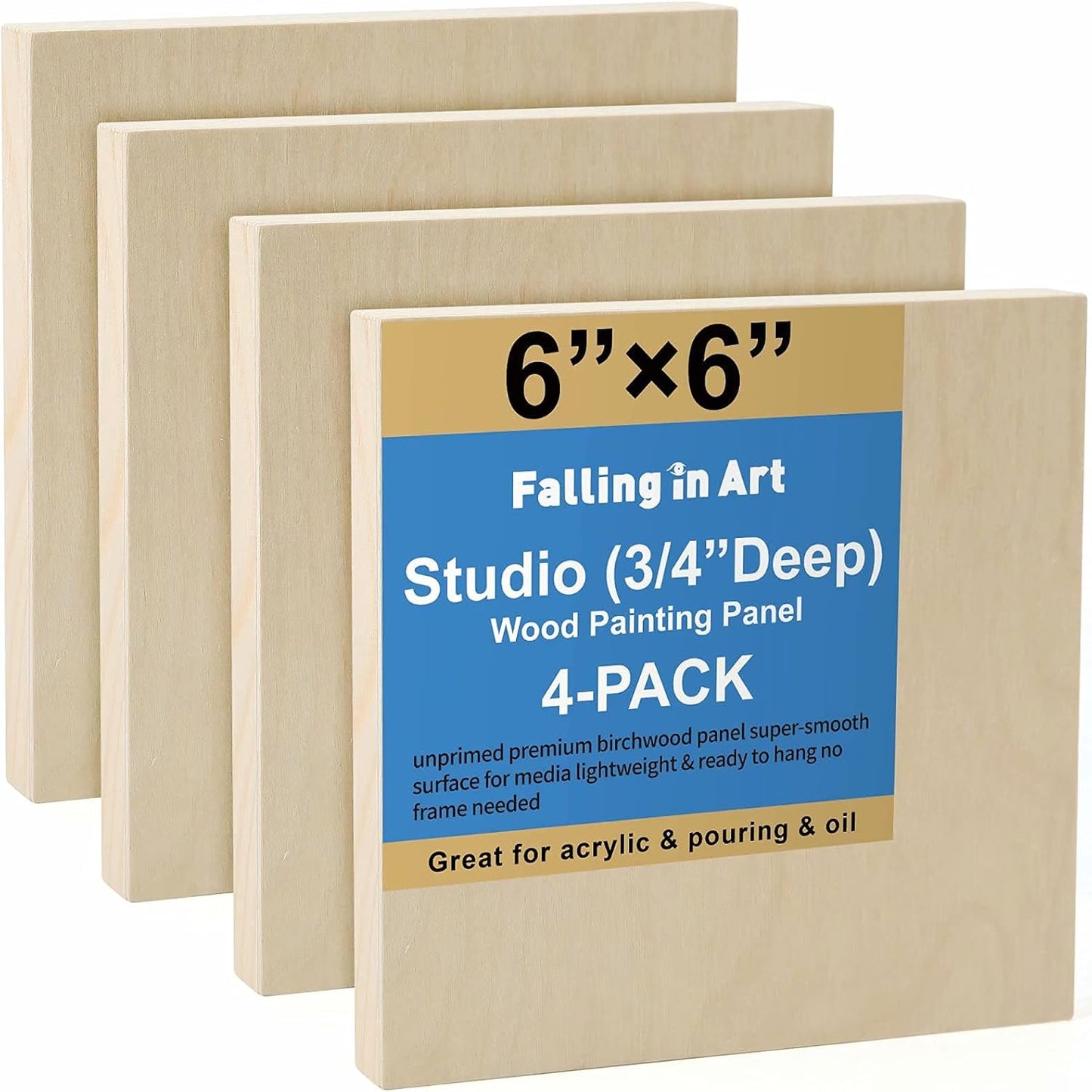 Falling in Art Unfinished Birch Wood Canvas Panels Kit, 4 Pack of 8x10’’ Studio 3/4’’ Deep Cradle Boards for Pouring Art, Crafts, Painting, and More