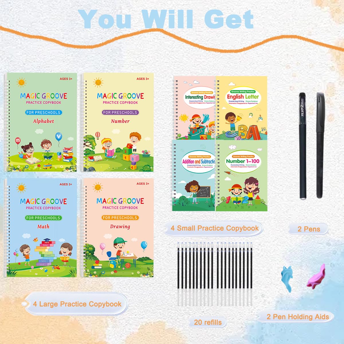 4 Pcs Reusable Grooved Handwriting Practice Books, Magic Practice Copybook with Disappearing Ink Pens Pencil Grips, Handwriting Workbook Letter Tracing Books for Kindergarten Preschool Kids Age 3-8