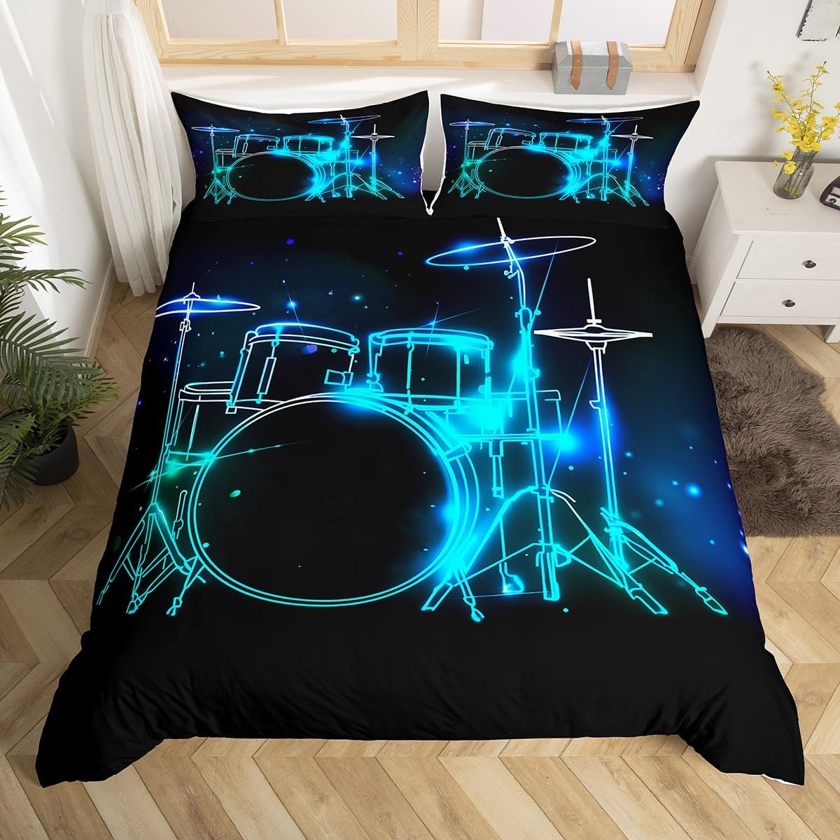 Drum Kit Comforter Cover Abstract Musical Instruments Bedding Set for Kids Boys Teens,Pop Music Duvet Cover Modern Rock Quilt Cover, Teal Laser Light Bedroom Decor Twin Size Blue Green Black