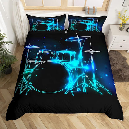 Drum Kit Comforter Cover Abstract Musical Instruments Bedding Set for Kids Boys Teens,Pop Music Duvet Cover Modern Rock Quilt Cover, Teal Laser Light Bedroom Decor Twin Size Blue Green Black