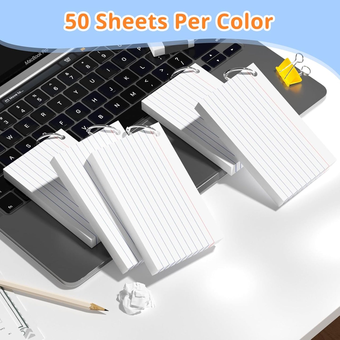 Index Cards 3x5 Inches, 300 PCS, Colored Flash Cards With Ring, Punched Lined Study Card Ruled Flashcards Notecards, Ruled Front And Blank Back, Note Card for School, College And Home