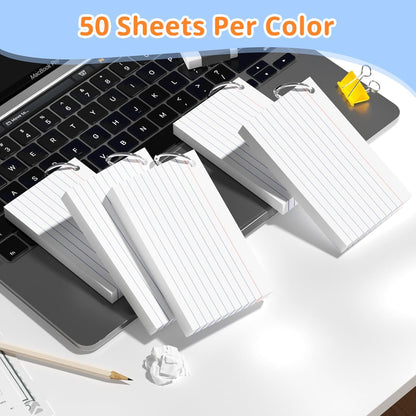 Index Cards 3x5 Inches, 300 PCS, Colored Flash Cards With Ring, Punched Lined Study Card Ruled Flashcards Notecards, Ruled Front And Blank Back, Note Card for School, College And Home