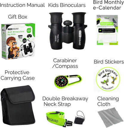Kids Binoculars 8x21 Shockproof Green - Ages 3-12 with Case Neck Strap Compass Carabiner | High Resolution Optics for Bird Watching Camping Hiking | Birthday Gift Boys Girls