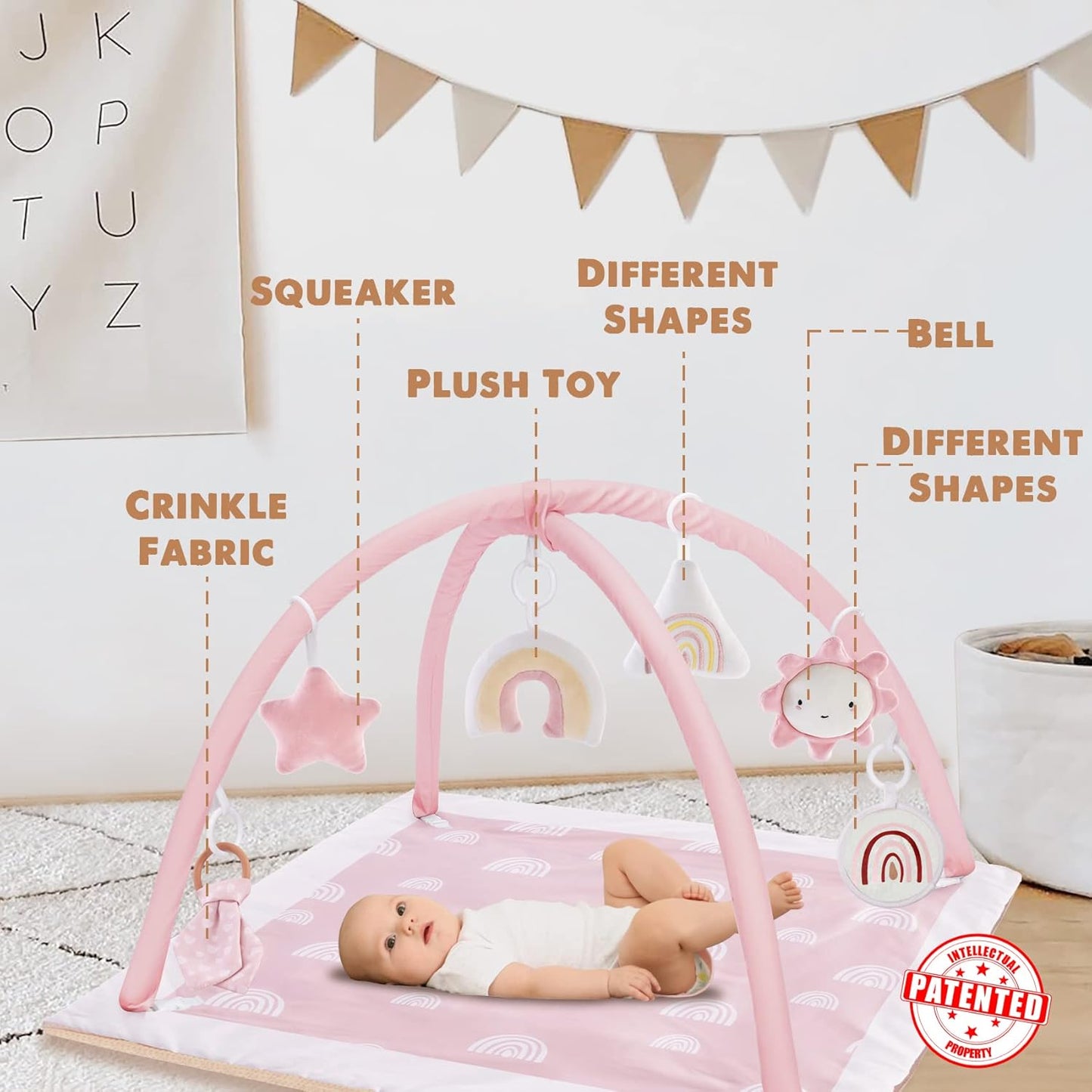 Mallify Washable Tummy Time Mat, Baby Play Gym with 6 Featured Toys, Baby Gym for Infant & Toddler, Larger Baby Play Mat, Deluxe Baby Play Mats for Floor, Sensory and Motor Skill Development, Green