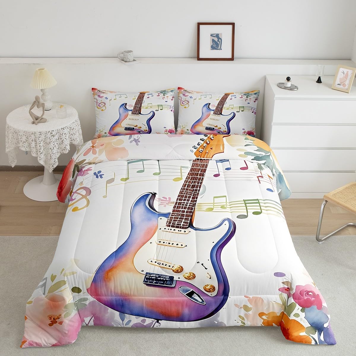Erosebridal Drum Kit 3D Print Kids Comforter Sets Rock Music Themed Full Bedding Set for Boys Girls Musical Pattern Comforter Set,Colorful Retro Style Quilt Duvet 3 Pcs