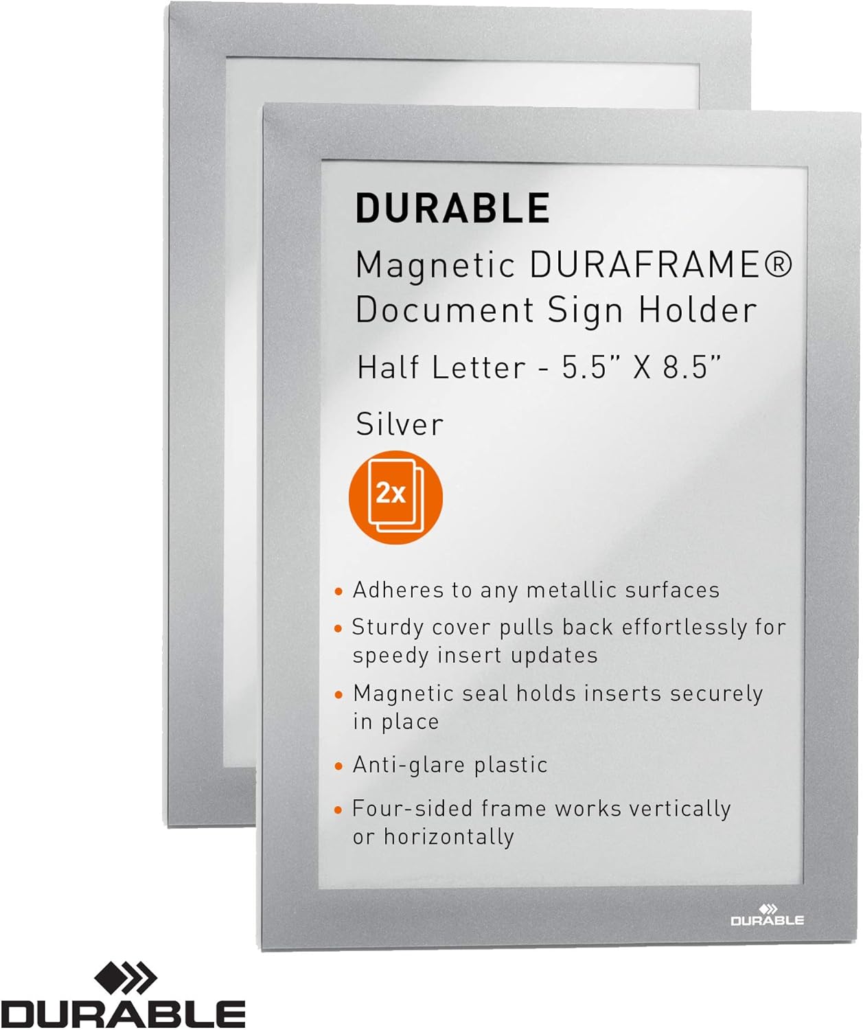 Durable Duraframe Sign Holder, Letter-Size 8.5" x 11" Inch, Black Magnetic Frame - Wall Mount, Pack of 2