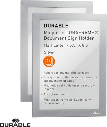 Durable Duraframe Sign Holder, Letter-Size 8.5" x 11" Inch, Black Magnetic Frame - Wall Mount, Pack of 2