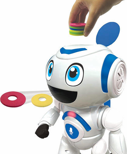 LEXiBOOK Powerman Max - Remote Control Walking Talking Toy Robot STEM Programmable Dances Sings Telling 10,000 Stories 300+ Learning Quiz Shooting Discs and Voice Repeat for Kids 4+ - ROB80EN, White