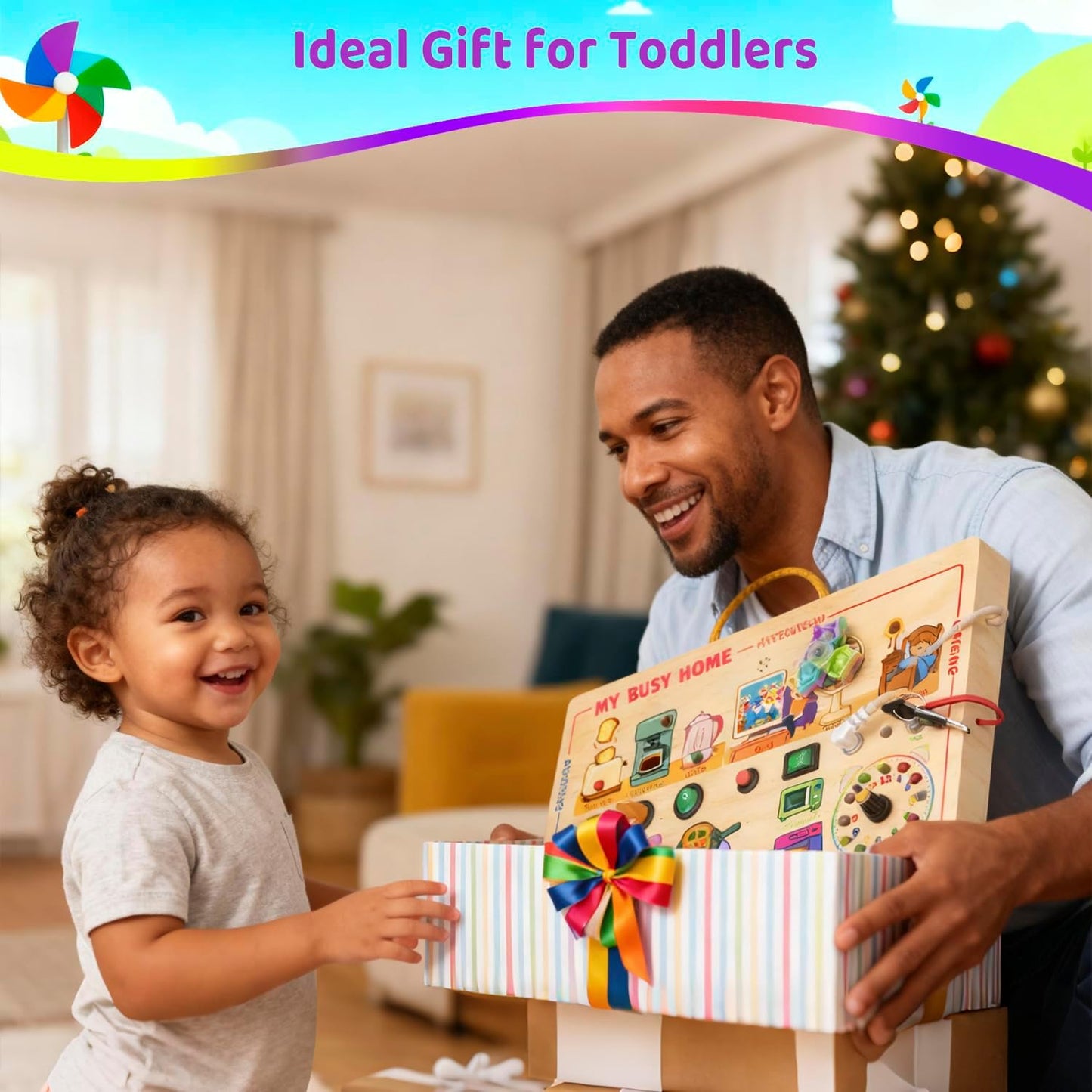 UdoUto Montessori Wooden Busy Board for Toddlers with LED Light Lights & Switches,Portable Activity Board for Car & Airplane Travel Toys, Christmas & Birthday Gift for 1-3 Year Old Boys & Girls