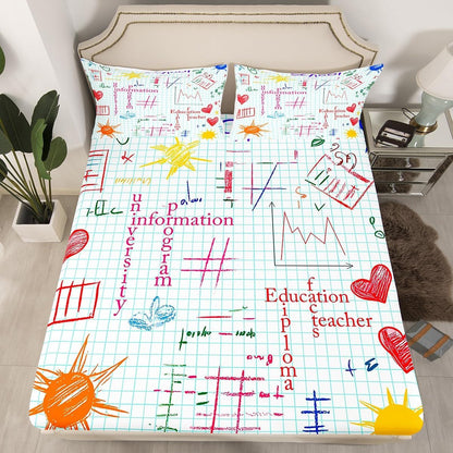 Erosebridal Science Theme Bed Sheets Set Full Size for Boys Girls Chemistry Periodic Table Print Sheet Set Chemical Subject Theme Sheets Teens Kids Math Science Atyle Fitted Sheet 4 Pcs