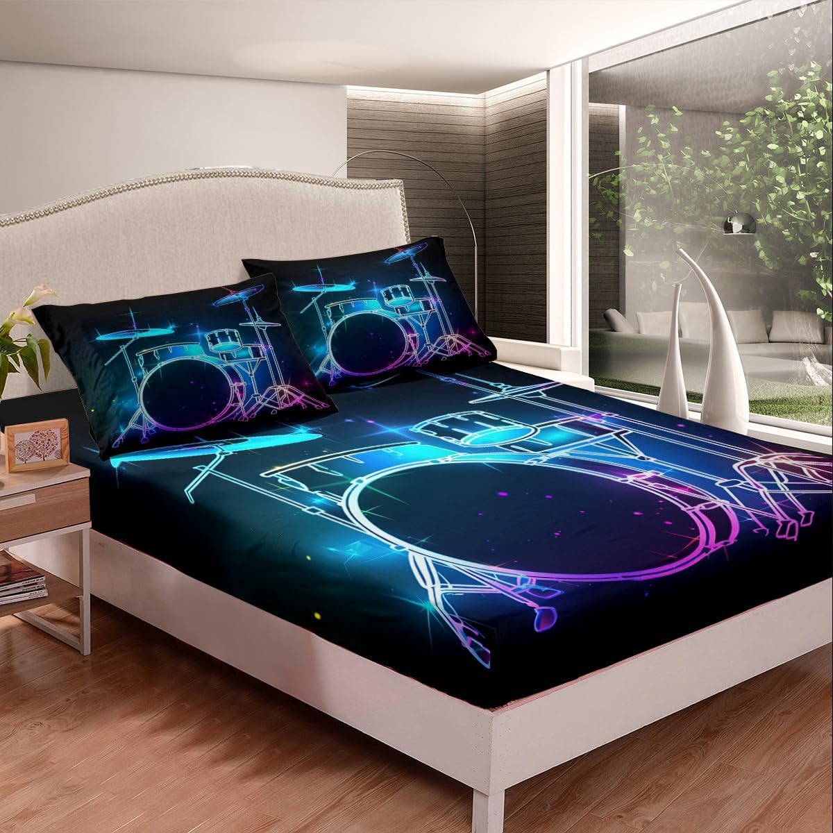 Drum Kit Fitted Sheet,Full Size Rock Music Collections Musical Instruments Theme,Soft Decorative Fabric Bedding Deep Pocket for Children Teens Young Boys Girls,with 2 Pillowcases