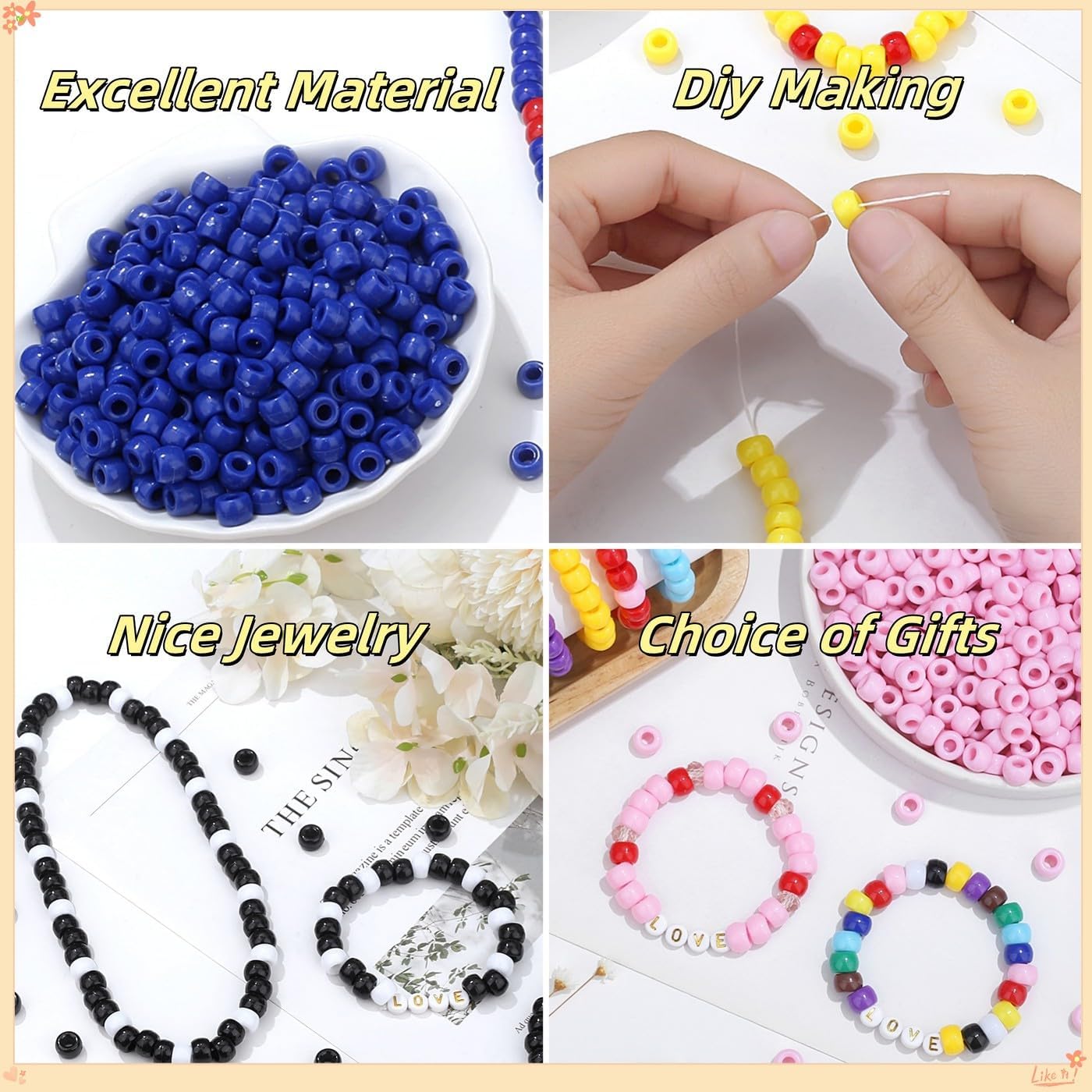 1000Pcs Valentine's Day Pony Beads Pink Red White Bracelets Crafts 6x9mm Bulk Plastic Pony Valentine Beads for Jewelry Making Party Party DIY Crafts Necklace Keychain Romantic Accessories