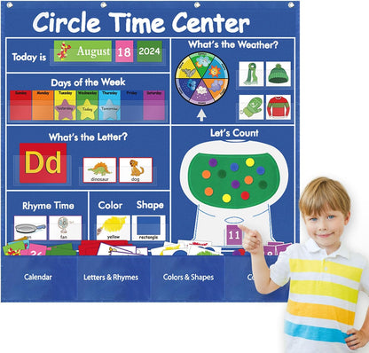 Circle Time Learning Center Pocket Chart for Classroom, Dry Erase Alphabet & Number Flash Cards, Write ABC Letter Tracing Writing Practice Games for Kids, Learning Weather Counting Color Shape
