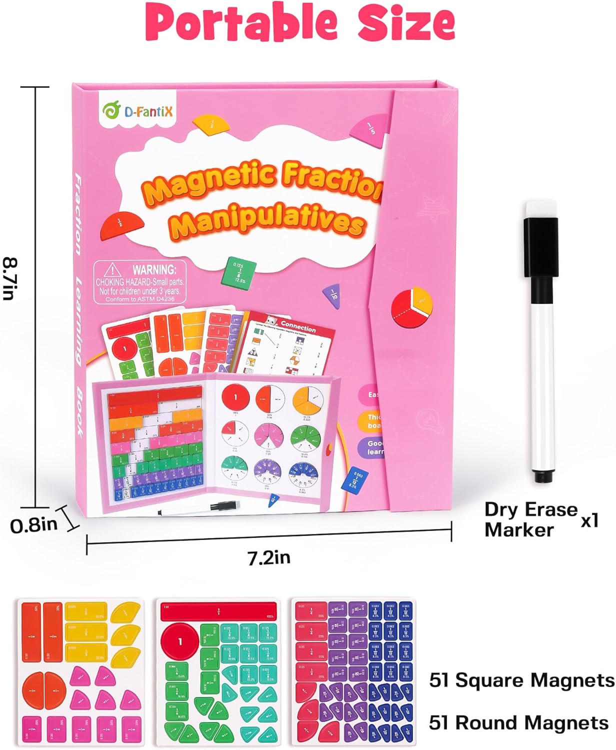 D-FantiX Magnetic Fraction Educational Puzzle, Magnetic Fraction Tiles & Fraction Circles Set, Math Manipulatives for Elementary School, Montessori Fraction Manipulatives Learning Toys for Kids