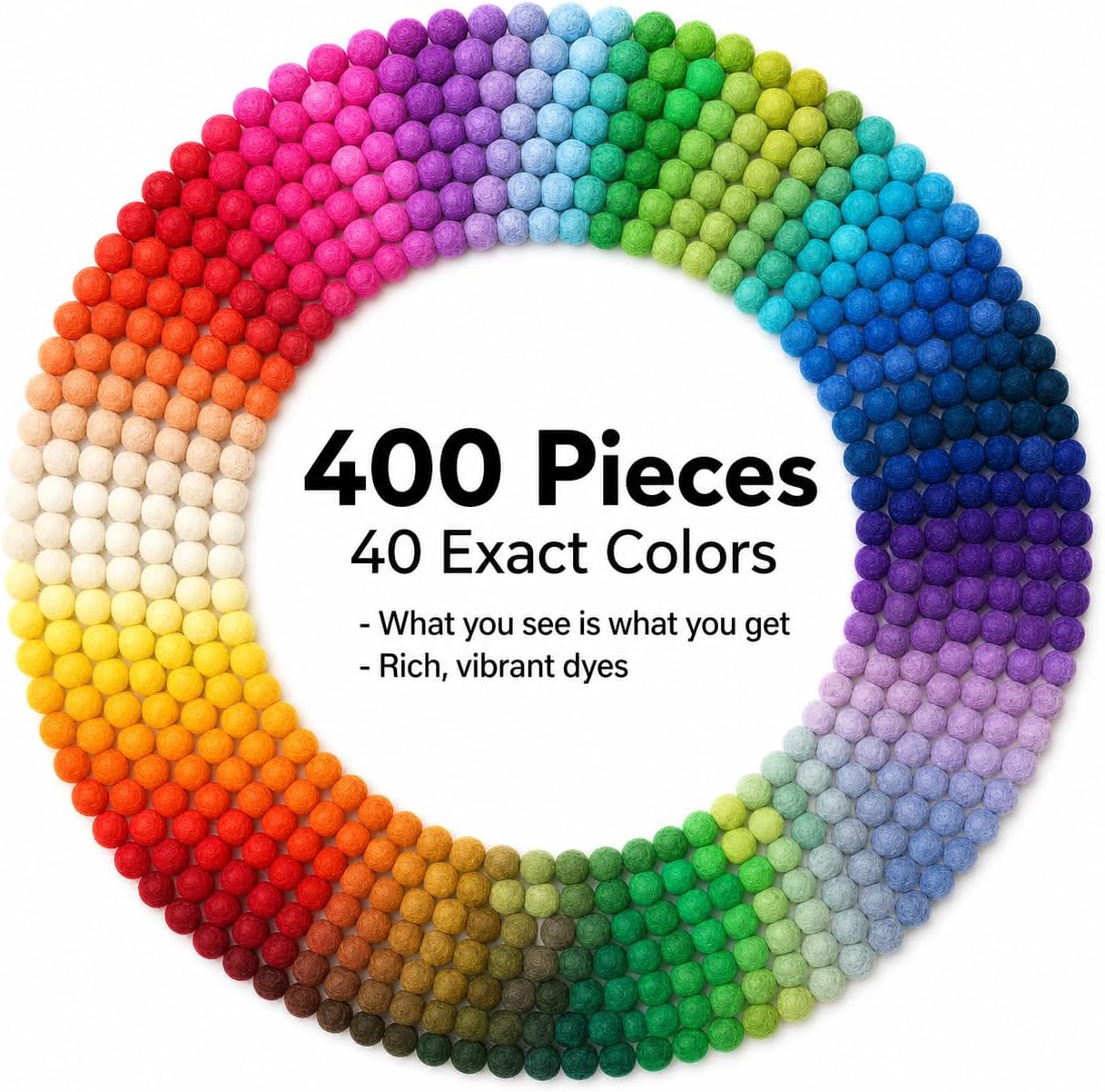 Glaciart One Felt Balls, Felt Wool Balls (240 Pieces) 1 Centimeter - 0.4 Inch, Handmade Felted 40 Color (Red, Pink, Blue, Gray, Black, White, Pastel and More) Bulk Small Puff for Felting and Garland