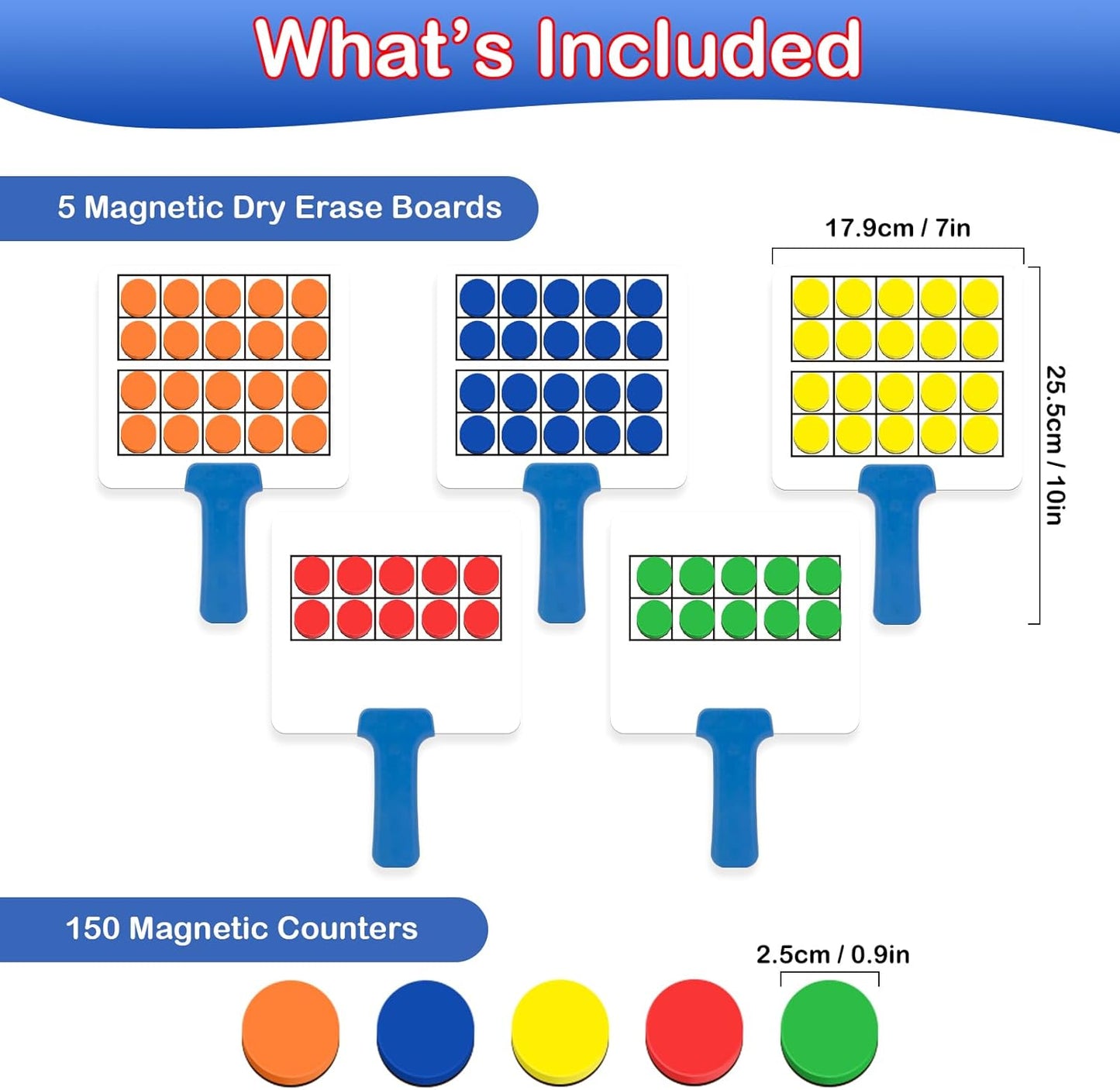 Kasfalci Magnetic Ten-Frame Set,Math Manipulative Games for Kids Toddlers,5 Dry Erase Paddles & 150 Math Counters,Addition & Subtraction Game,Counting Toys,Kindergarten Preschool Classroom Must Haves
