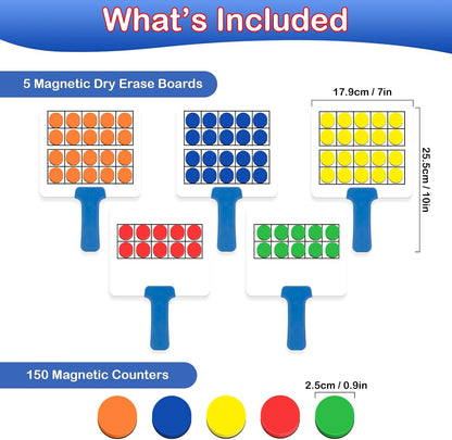 Kasfalci Magnetic Ten-Frame Set,Math Manipulative Games for Kids Toddlers,5 Dry Erase Paddles & 150 Math Counters,Addition & Subtraction Game,Counting Toys,Kindergarten Preschool Classroom Must Haves