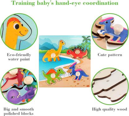 Wooden Peg Puzzles for Toddlers 1-3, Kids' Educational Preschool Peg Puzzle Toy, Set of 4 Toddler Puzzles - Farm, Dinosaur, Fruit and Marine Animals, Ideal Gift for Ages 1 2 3 Boys and Girls