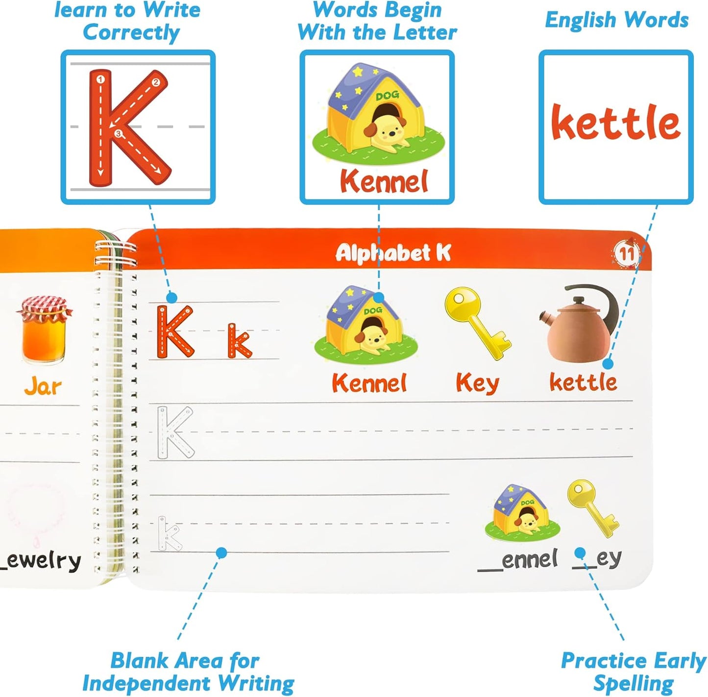 Handwriting Practice Tracing Books for Kids Ages 3-5, Montessori Preschool Learning Activity, Autism Educational Learn Number Letters Shapes Animal & Sight Words Workbook with 8 Dry Erase Markers