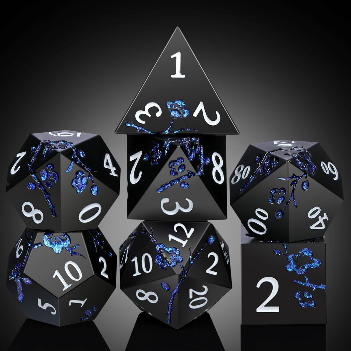 DnDnD Heavy Polyhedral Metal Dice Set with Metal Box, 7-die Shiny Blue Surface with Golden Number for RPG,Dungeons and Dragons,Pathfinder,Shadowrun,D&D,Role Palying Game and Math Teaching - Colors A