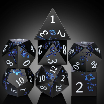DnDnD Heavy Polyhedral Metal Dice Set with Metal Box, 7-die Shiny Blue Surface with Golden Number for RPG,Dungeons and Dragons,Pathfinder,Shadowrun,D&D,Role Palying Game and Math Teaching - Colors A