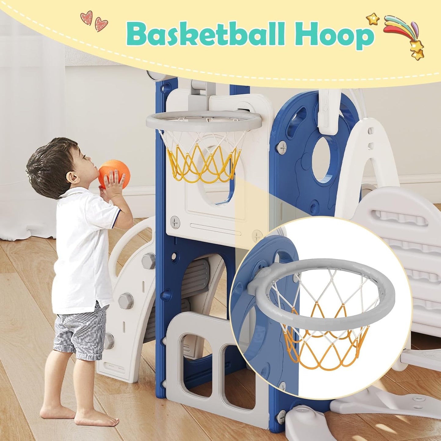 kinbor 6 in 1 Toddler Slide PlaySet - Indoor Outdoor Fun for Kids Ages 1-3, Includes Basketball Hoop, Telescope, Storage & Climber, Safe, Sturdy Baby Slide for Backyard Playground, Blue