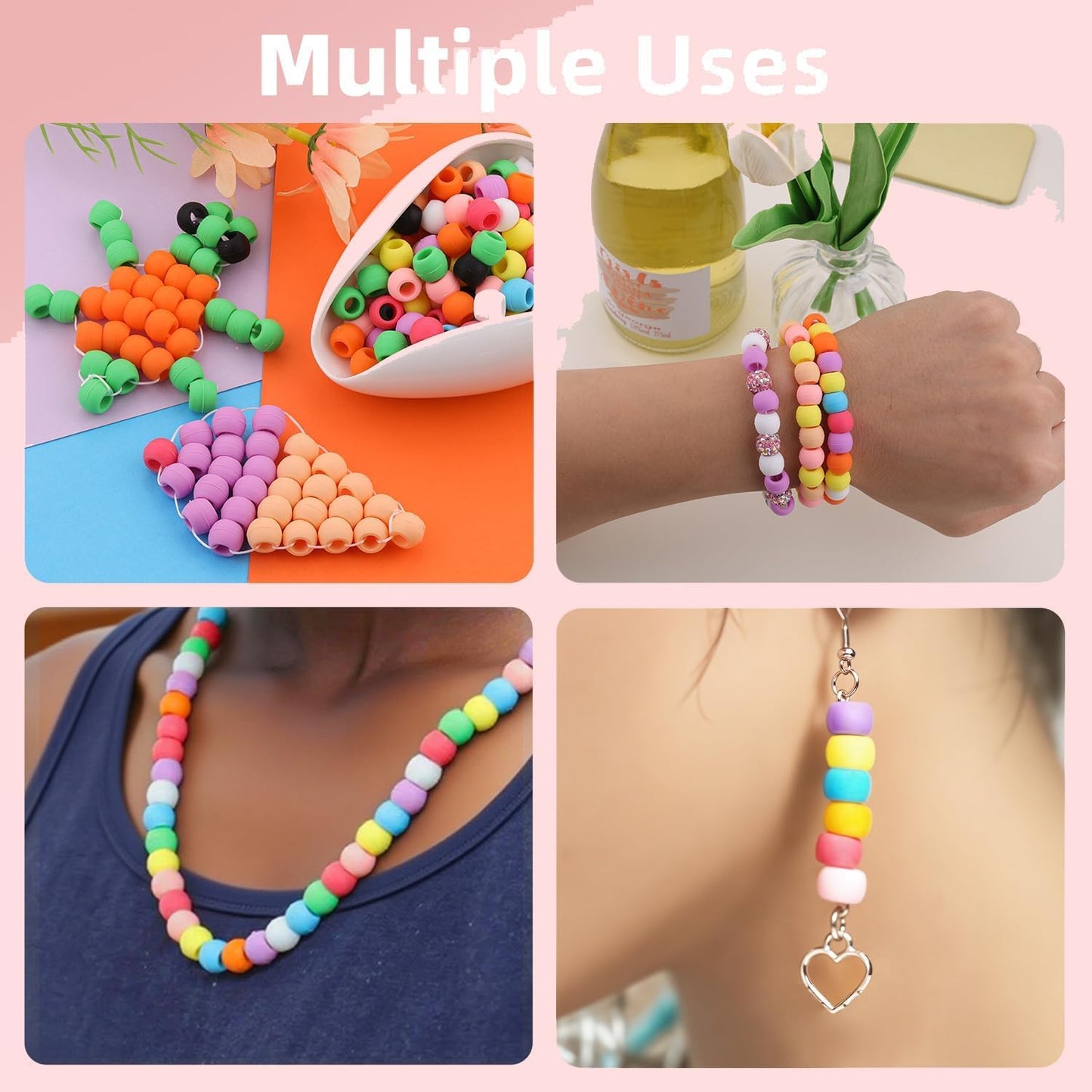 150Pcs 10mm Small Silicone Beads for Hair Braids, Soft Jellyish Pony Hair Beads with 5mm Hole + 50 Rubber Bands and 1 Beader for Braiding, DIY Bracelets Necklaces Crafts (Pink)