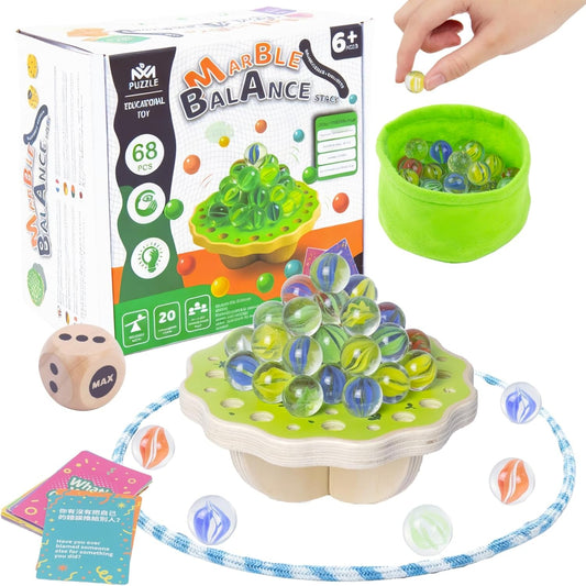 Wooden Marble Balance Game for Kids 6+ and Adults, Wobble Stacking Board 1–4 Players Family Game, 68 Glass Marbles, Dice, Challenge Cards, Party & Travel Game