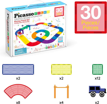 PicassoTiles Magnetic Tiles Race Track Car Thrilling Toy Playset Includes 2 Racing Trucks STEM Educational Magnet Tile Building Block Construction Set for Toddlers Boys Girls Ages 3 and Older PTR30