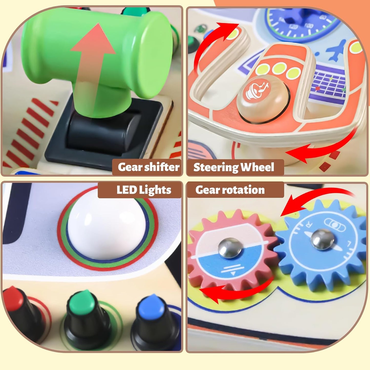Montessori Busy Board for Toddlers 2-4,Wooden Sensory Steering Wheel Toys with LED Light Switch,Travel Toy Educational Fidget Activity Board for Boys and Girls Gift