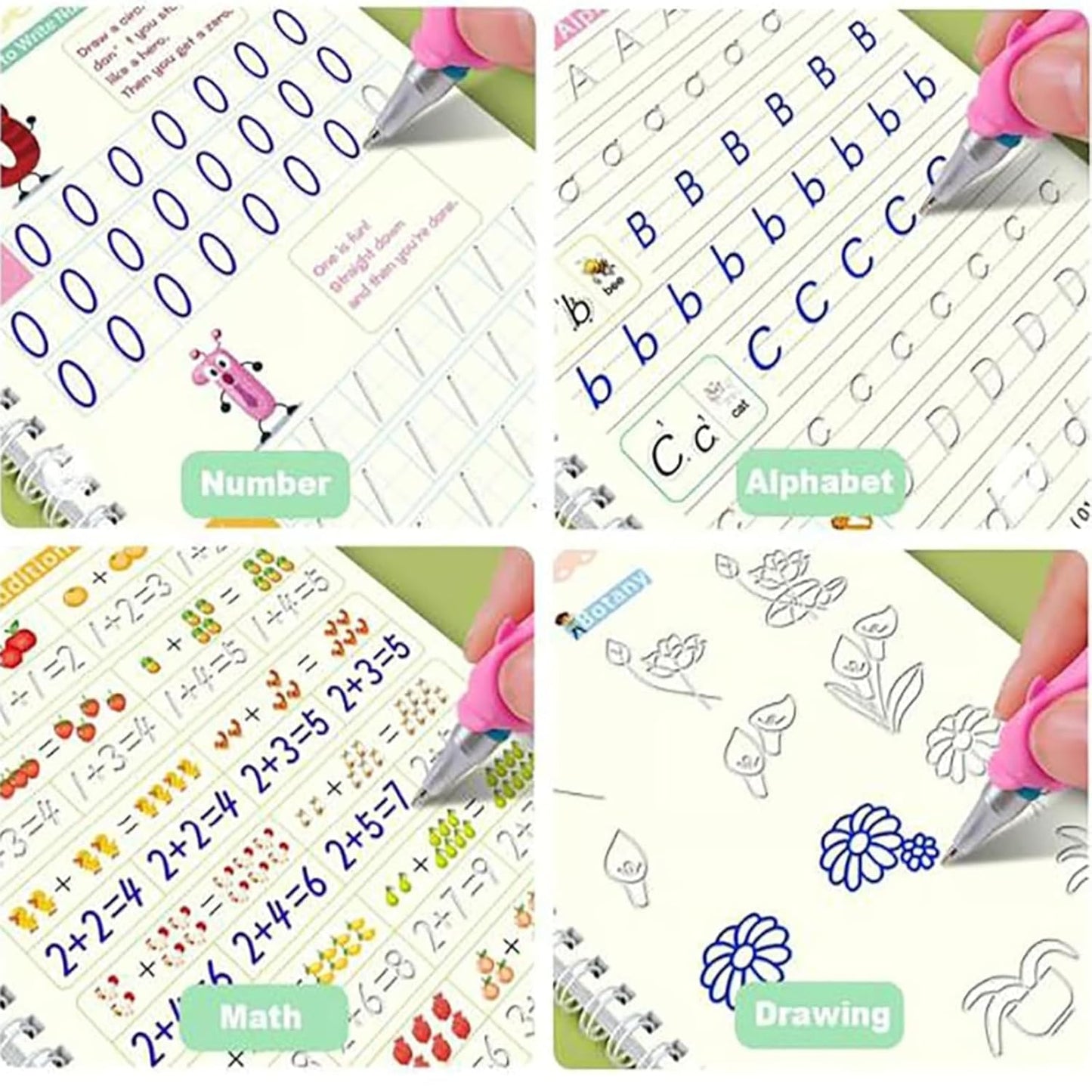 Reusable Magic Groove Writing Practice Book,Grooved Handwriting Workbooks with Pencil Grips,Number Letter Tracing (1, 4)