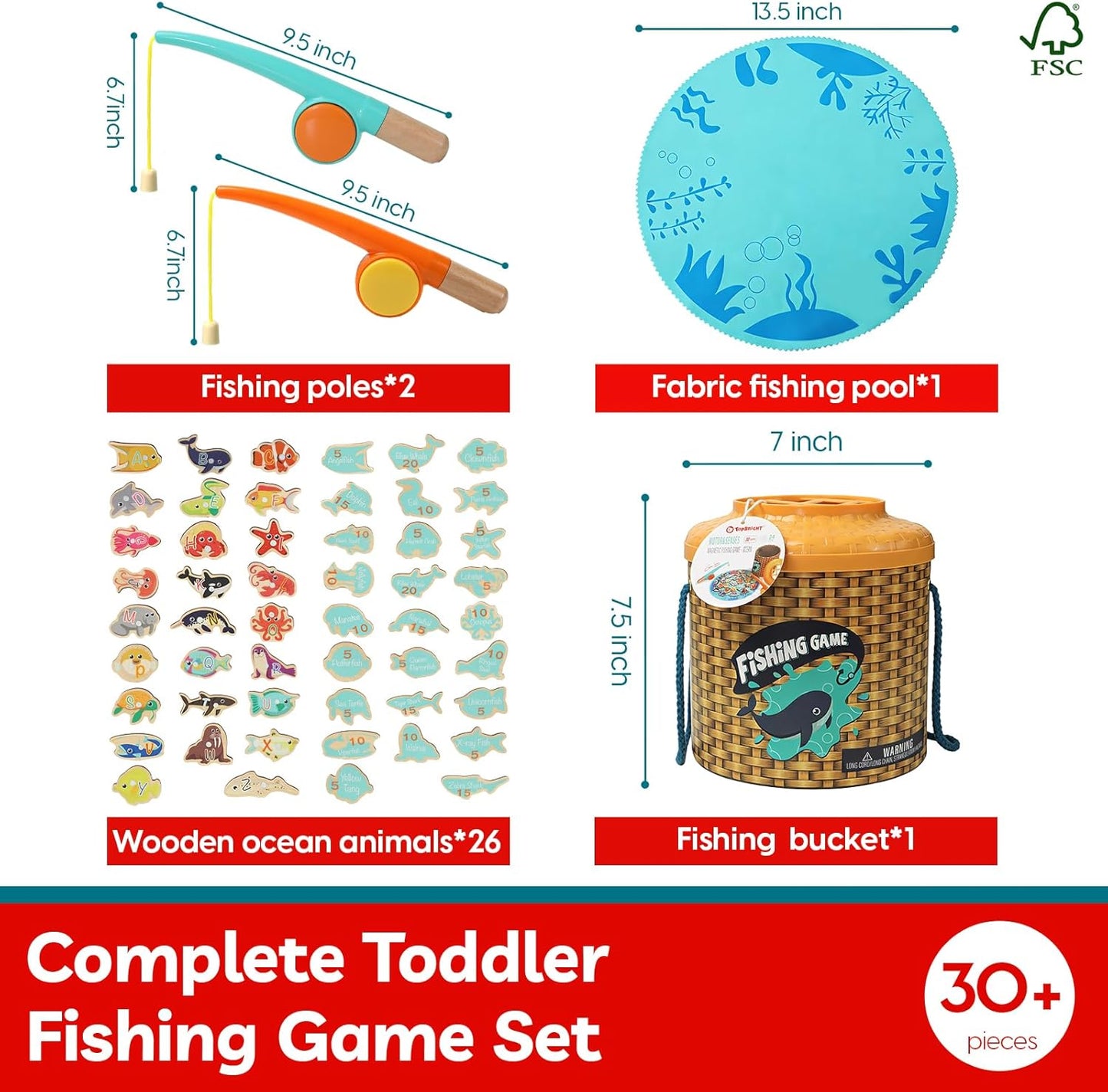 TOP BRIGHT Montessori Toddler Fishing Game - Kids Wooden Magnetic Fishing Toys Gifts for 3 Years Old Girls Boys, Fine Motor Skills for Toddler