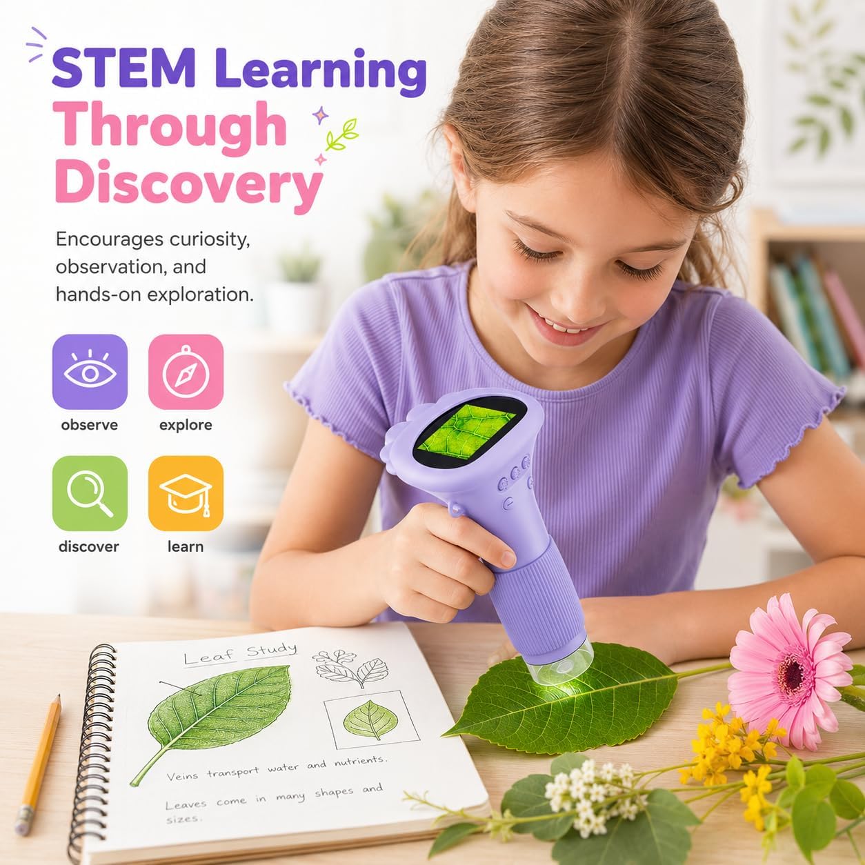 Kids Microscope Digital Camera, 1000X Handheld Camera Microscope for Kids with 2'' Screen, Educational Magnifying Glass Toy Christmas Birthday Gifts for Age 3 4 5 6 7 8 9 10 11 12 Girls Boys - Purple