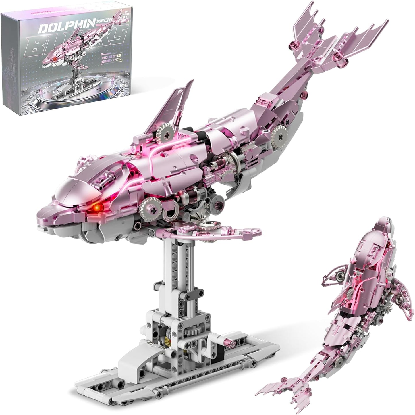 Moving Mechanical Dolphin Building Set - Hand Crank Model Kit with Swimming Tail, Movable Jaw & Glowing Lights | STEM Educational Toy & Unique Desk Decor for Ages 8+, Adults, Blue